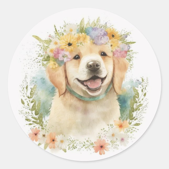 Sticker Rond Golden Retriever in Laurel Wreath (Devant)