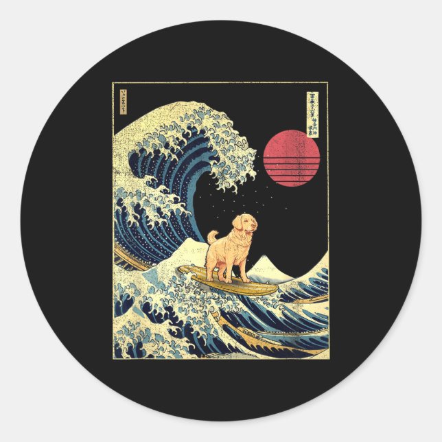 Sticker Rond Golden Retriever Japanese Kanagawa Wave Funny Surf (Devant)