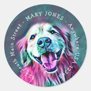 Sticker Rond Golden Retriever Neon Colonnes Nom personnalisé Ad