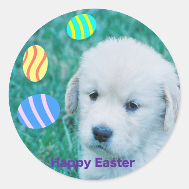 Sticker Rond Golden Retriever Pâques Puppy Cartes et Cadeaux (Devant)