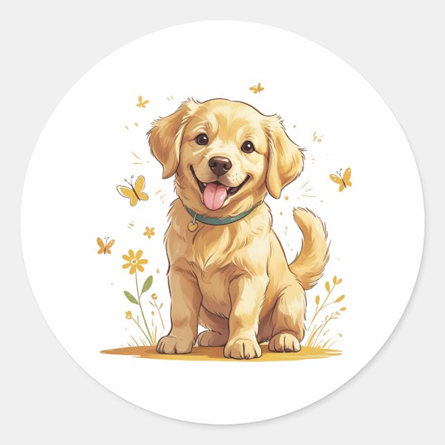 Sticker Rond Golden Retriever Puppy with Yellow Flowers (Devant)