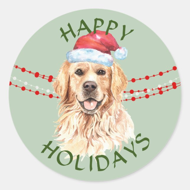 Sticker Rond Golden Retriever Santa Hat Joyeuses vacances (Devant)