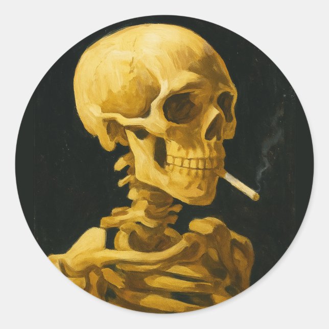 Sticker Rond Golden Skull Smoking - Unique Van Gogh Inspiré (Devant)