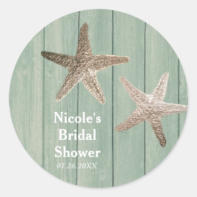 Sticker Rond Golden Starfish & Wood Elegant Beach Custom Favori (Devant)
