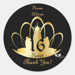 Sticker Rond Golden Tiara Sweet, 16 Personnalisers-autocollants