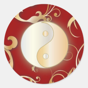 Sticker Rond Golden Yin & Yang avec des parchemins