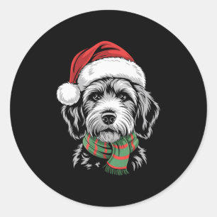 Sticker Rond Goldendoodle Chien Xmas Santa Hat Écharpe Noël Co