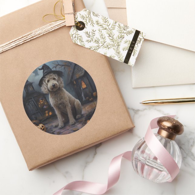 Sticker Rond Goldendoodle Citrouille Halloween effrayant (Cadeaux)