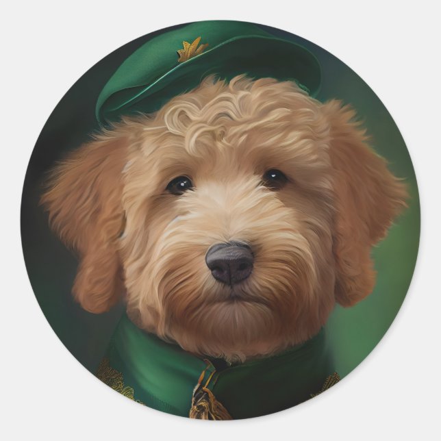 Sticker Rond Goldendoodle Dog en tenue de la Saint Patrick (Devant)