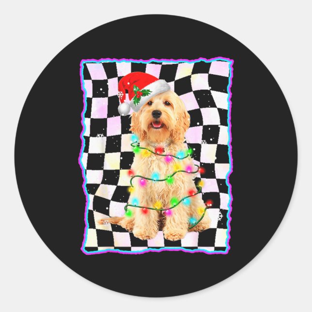Sticker Rond Goldendoodle Dog Tree Christmas Xmas Pet Dogs Gift (Devant)