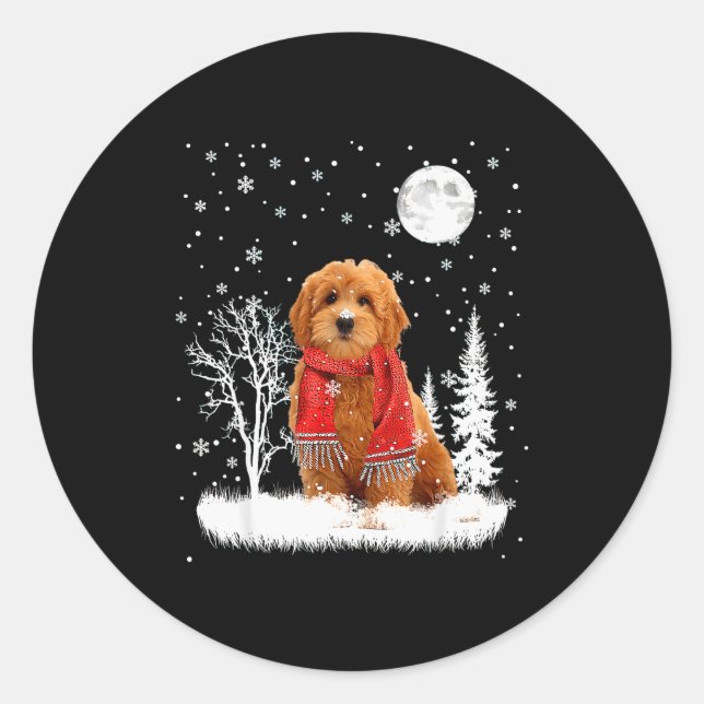 Sticker Rond Goldendoodle Under Moonlight Snow Christmas Pajama (Devant)