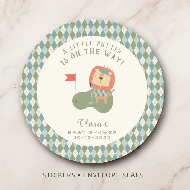 Sticker Rond Golf Baby Shower A Little Putter Preppy Argyle   (Cute lion golfer sticker for golf baby showers and favors.
)