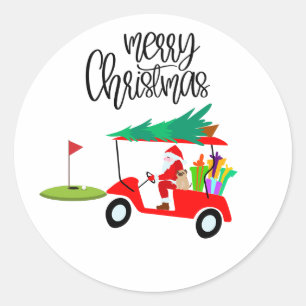 Sticker Rond Golf Joyeux Noël avec le Père Noël au drapeau