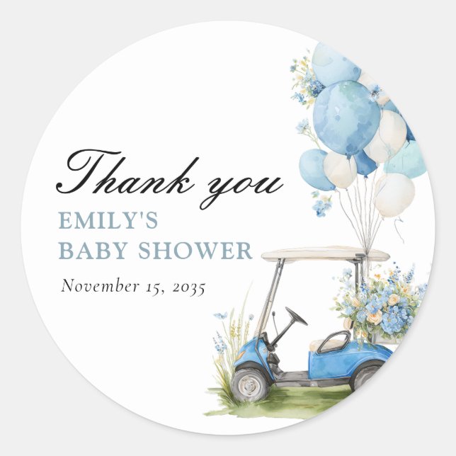 Sticker Rond Golf Let's Par-tee Boy Baby Shower (Devant)