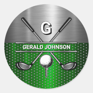 Sticker Rond Golf Monogramme Vert Métallisé et Argent