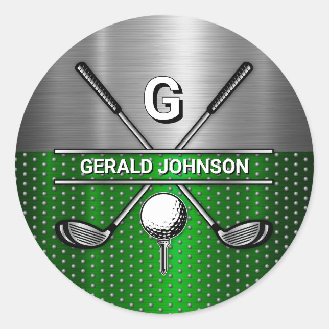 Sticker Rond Golf Monogramme Vert Métallisé et Argent (Devant)