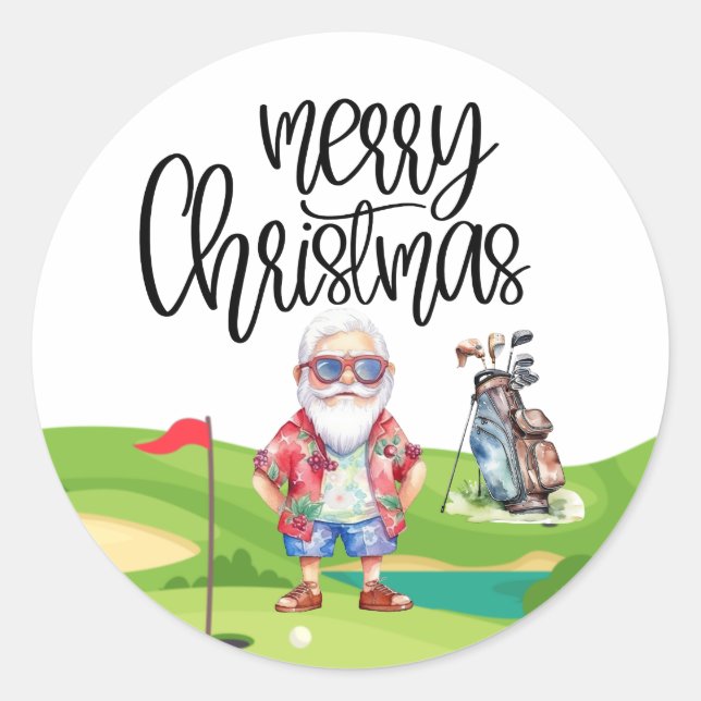 Sticker Rond Golf Noël d'été avec le Père Noël au drapeau (Devant)