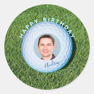 Sticker Rond Golfer Photo Signé Golf Ball Anniversaire