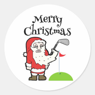 Sticker Rond Golfeur de Noël avec le Père Noël tenir le fer de