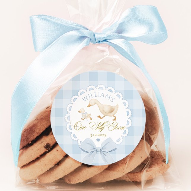Sticker Rond Goose 1st Birthday Blue gingham One Silly Goose (Créateur téléchargé)