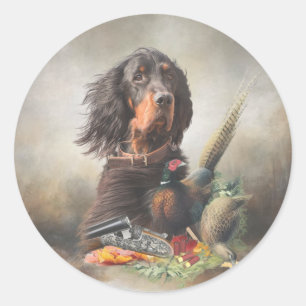 Sticker Rond Gordon setter avec faisans, Art