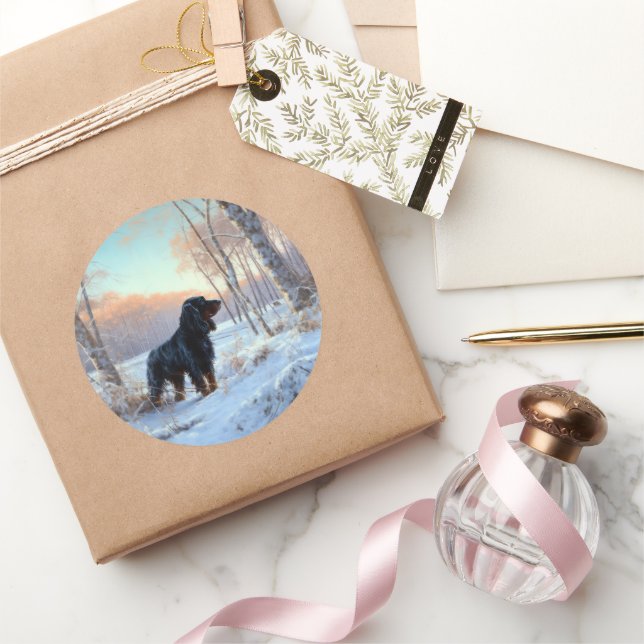 Sticker Rond Gordon Setter Laisse Il Neige Noël (Cadeaux)