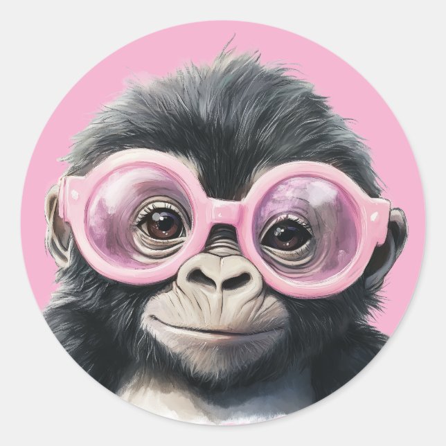 Sticker Rond Gorilla avec lunettes roses clair Pinceau BG (Devant)