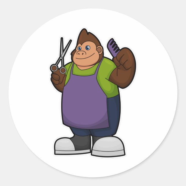 Sticker Rond Gorilla comme coiffeur avec ciseaux et peigne (Devant)
