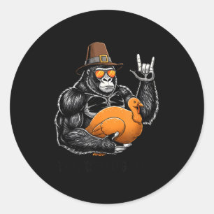 Sticker Rond Gorille drôle de Thanksgiving tenant la dinde Lgri
