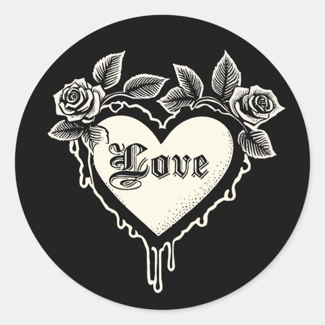 Sticker Rond Goth Coeur avec Roses et gouttes (Devant)