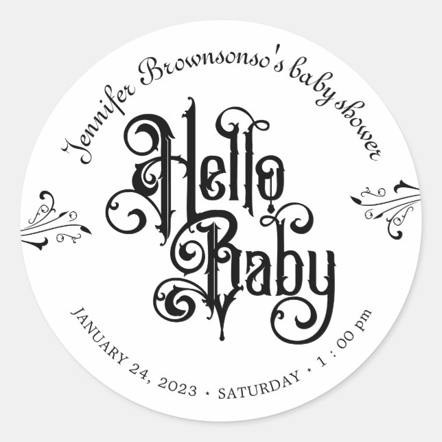 Sticker Rond Gothic Dark Hello Baby Shower (Devant)