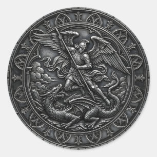 Sticker Rond Gothique chrétien Saint Michel Archange Gris métal