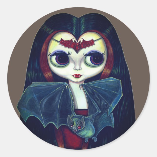 Sticker Rond Gothique fille vampire avec chauve-souris gros yeu (Devant)