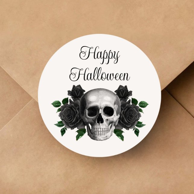 Sticker Rond Gothique Fleur Noir Crâne Halloween (Gothic Black Floral Skull Halloween Classic Round Sticker)