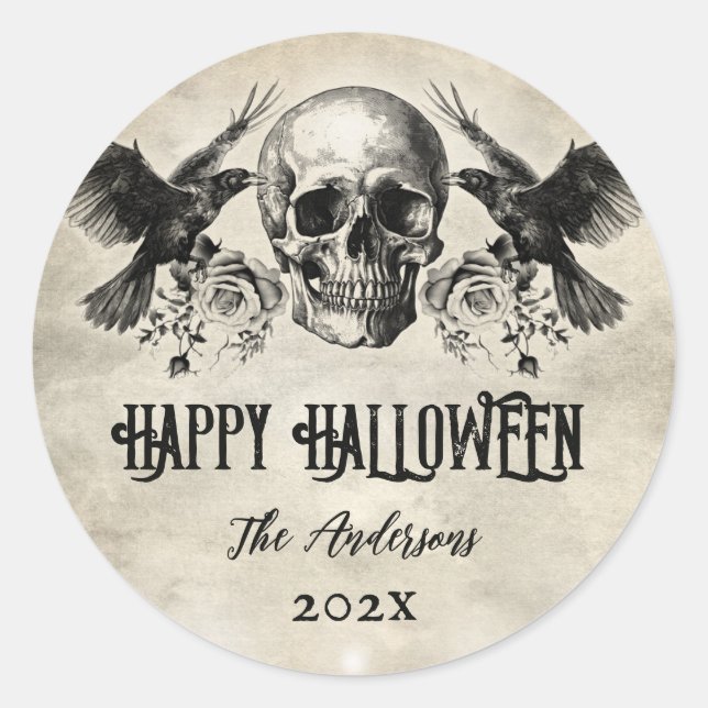 Sticker Rond Gothique Halloween crâne bougie corbeau corbeau no (Devant)