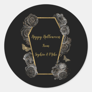 Sticker Rond Gothique Roses Noires et Or Cercueil Halloween