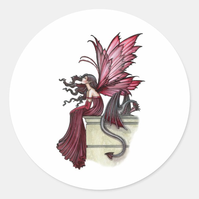 Sticker Rond Gothique Rouge Rubis Sans Repos Fée et Dragon (Devant)