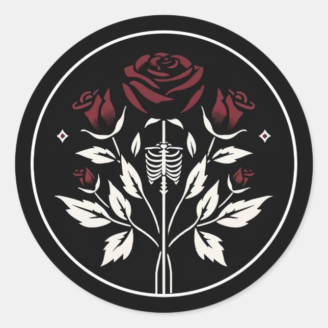 Sticker Rond Gothique Skeleton Rib Roses Noir Elégant Mariage (Devant)