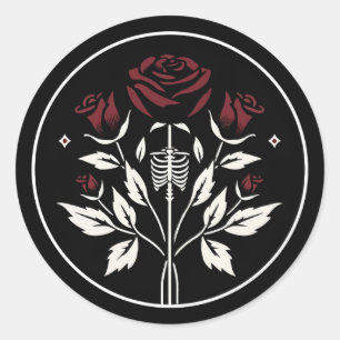 Sticker Rond Gothique Skeleton Rib Roses Noir Elégant Mariage