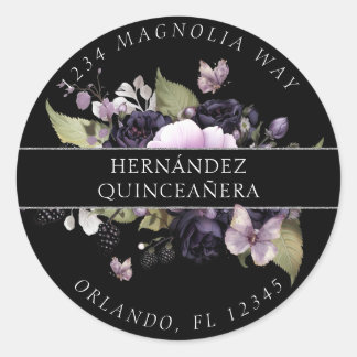 Sticker Rond Gothique violet et noir Moody Florals Quinceañera