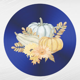 Sticker Rond Gourdes Bleues citrouilles Fleurs Thanksgiving