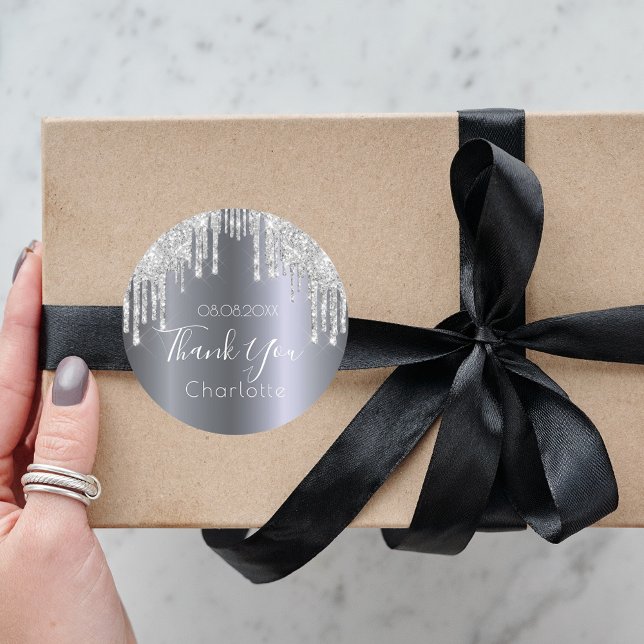 Sticker Rond Gouttes de paillettes argentées nom merci (Créateur téléchargé)