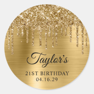 Sticker Rond Gouttes de Paillettes Dorées Anniversaire 21 Ans M