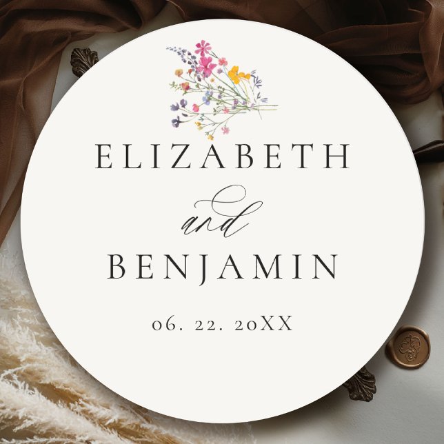 Sticker Rond Grâce aux fleurs sauvages Mariage romantique flora (wildflower wedding theme sticker romantic colorful watercolor pastel floral timeless classic)