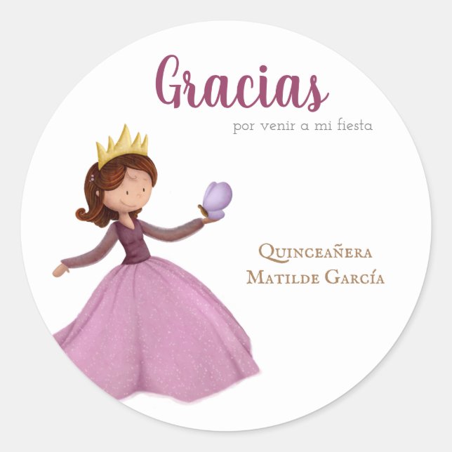 Sticker Rond Gracias Quinceanera Girl avec couronne et papillon (Devant)
