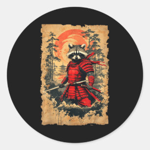 Sticker Rond Gracieux Guerrier Raton Laveur Samouraï Japonais d
