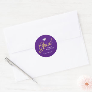 Sticker Rond Grad Modern Script Purple et Gold Graduation