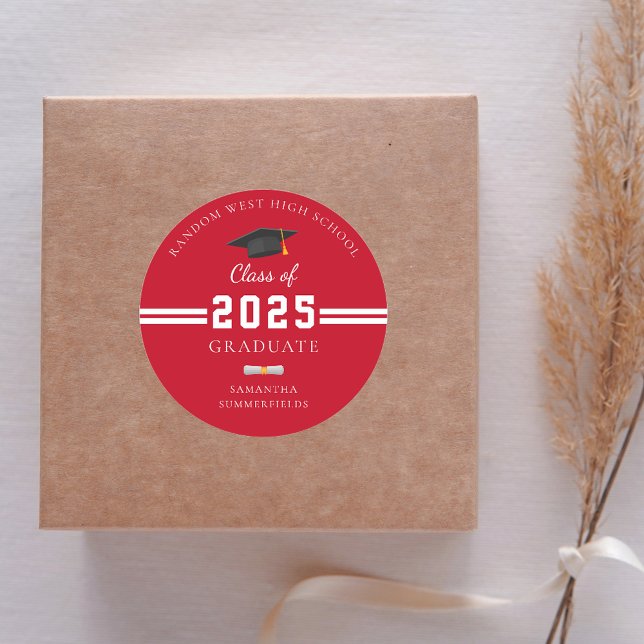 Sticker Rond Graduate 2025 Red White Graduation Party (Graduation 2025 Red and White Classic Round Sticker)