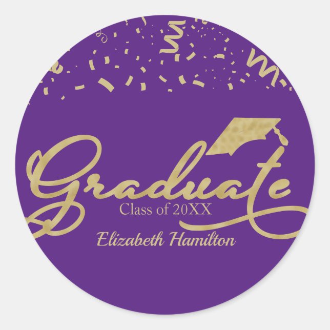 Sticker Rond Graduate Gold Foil Graduation Party Purple (Devant)