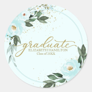 Sticker Rond Graduate Gold Turquoise Floral Graduation Party